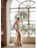 Off Shoulder Ivory Glitter Lace Slit Luxurious Wedding Dress